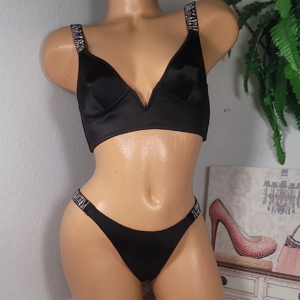 VICTORIA'S SECRET Black Satin Lingerie Set with Embellished Straps NWT 2135